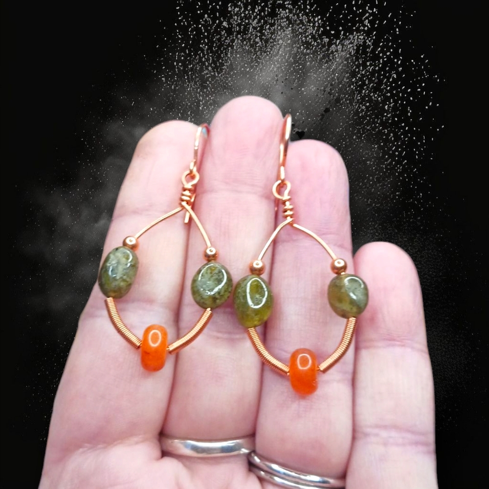 Artisan Copper Wire Earrings with Green Garnet and Carnelian